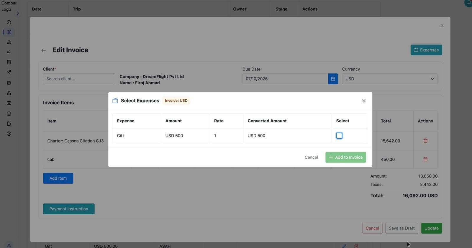 screen shot of invoice reconciliation with expenses in single point.